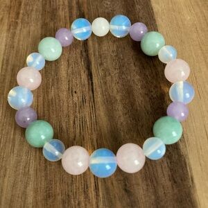Handmade Beaded Bracelet w/ Rose Quartz, Amazonite, White Opal, Dyed Jade